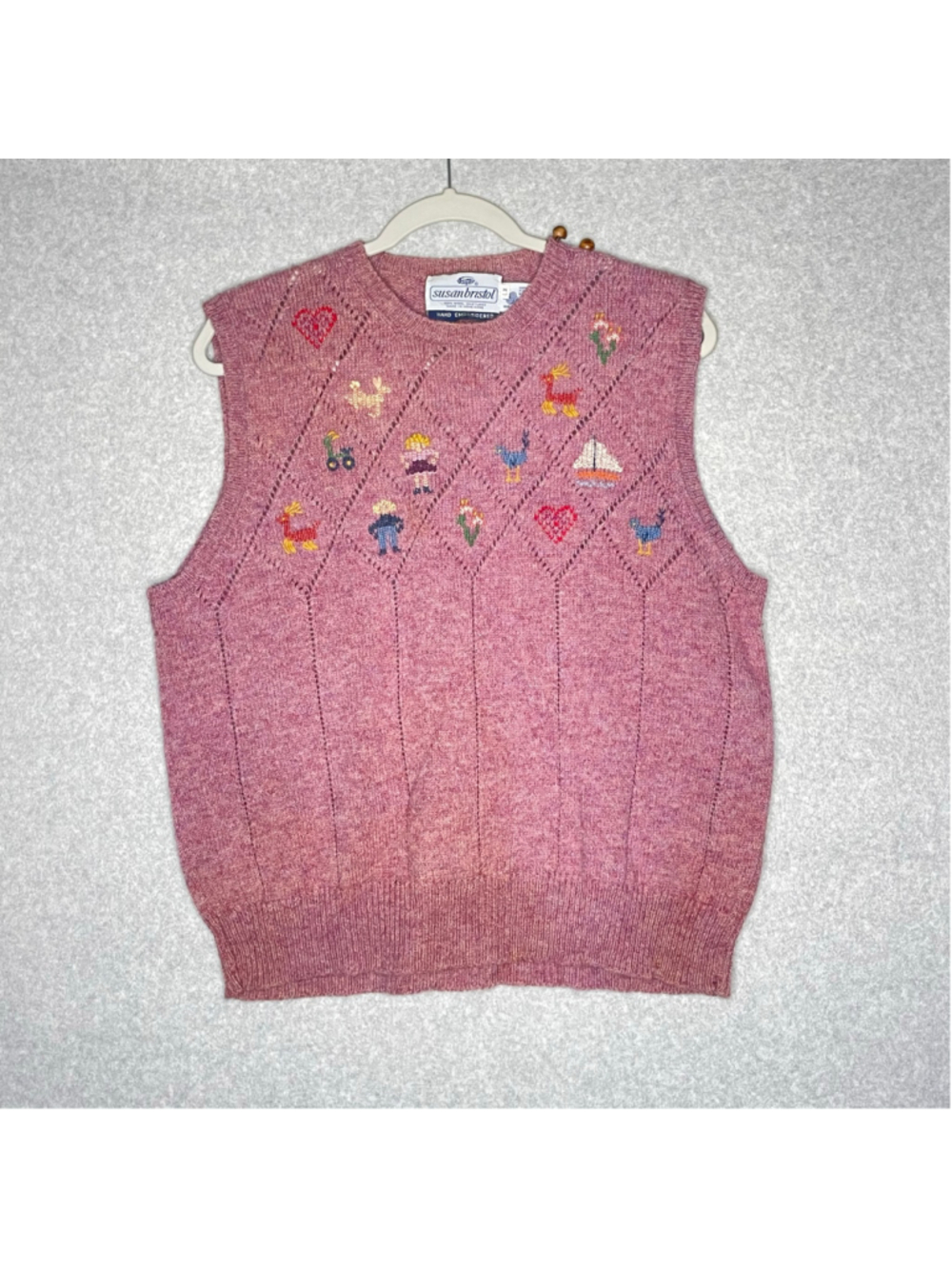 Vintage Susan Bristol Pink Shetland Wool Embroidered Vest XL